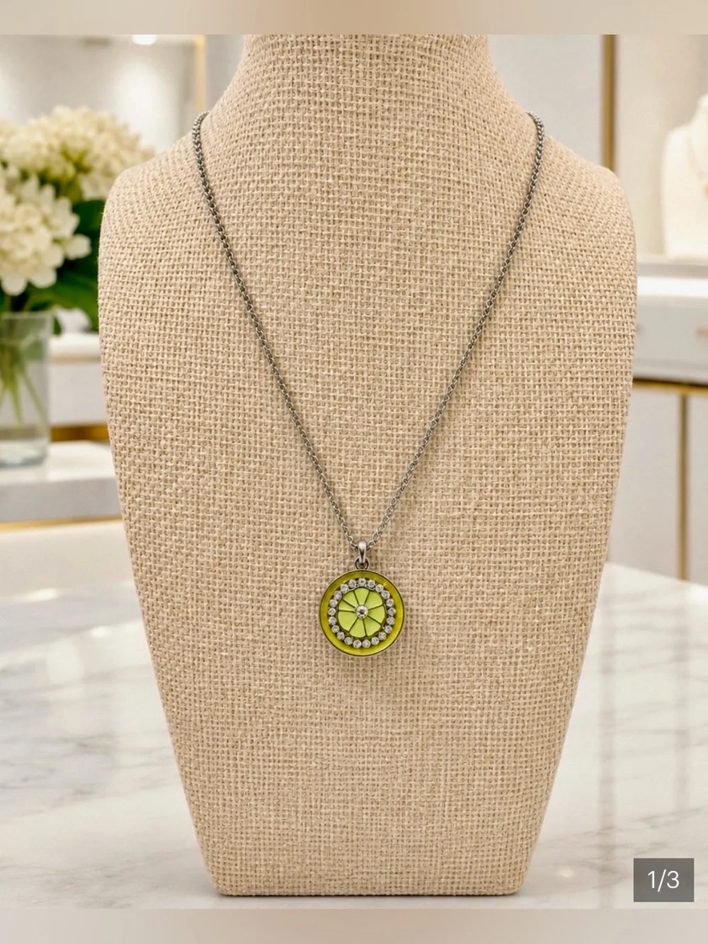Lia Sophia Silver Necklace with Lime Green Floral Pendant
